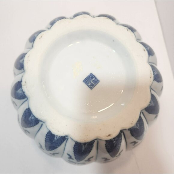 Vtg Large Chinese Blue & White Floral Porcelain Pumpkin Shaped Ginger Jar w/Lid - Picture 7 of 12